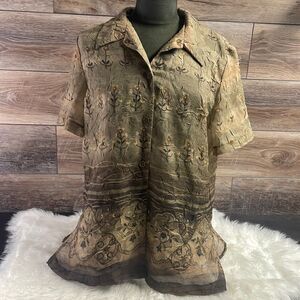 K Studio Sheer Blouse Button Up, Ladies 14, Green Floral Pattern
